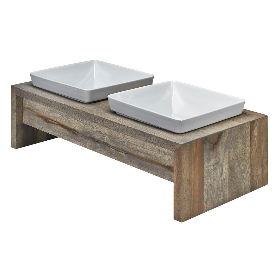 Fossil double dog feeder with two grey ceramic bowls on rustic wood stand