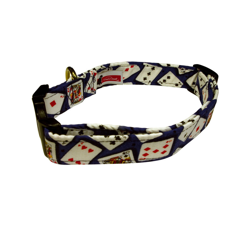 Elmo's Closet dog collar, navy playing-card house print, adjustable buckle strap