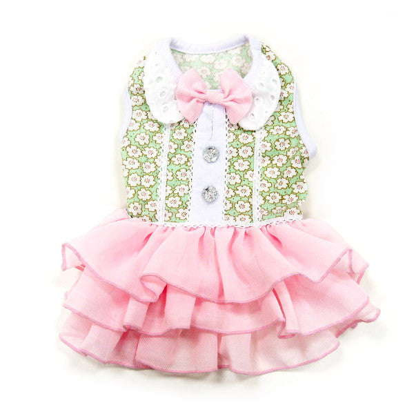 Dog dress with green floral bodice, white collar and pink bow, layered tulle skirt