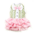 Dog dress with green floral bodice, white collar and pink bow, layered tulle skirt