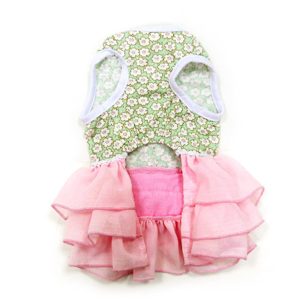 Dog dress back view with green floral top and light pink ruffled tulle skirt