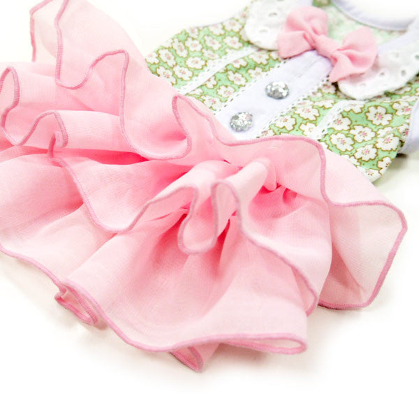 Dog dress tulle skirt detail in light pink with layered ruffled tiers