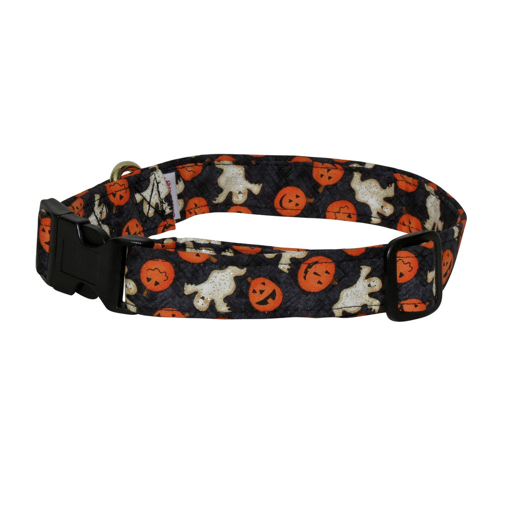 Halloween dog collar, black with orange jack-o-lantern and white ghost print, buckle strap