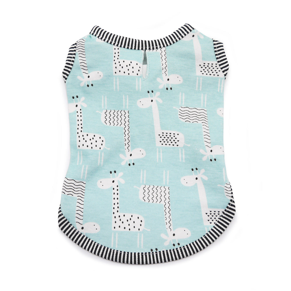 Teal dog tank top with giraffe and animal print, black-and-white striped neckline and hem.