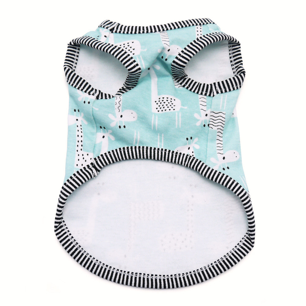 Back view of teal dog tank shirt with giraffe print and black-and-white striped trim.