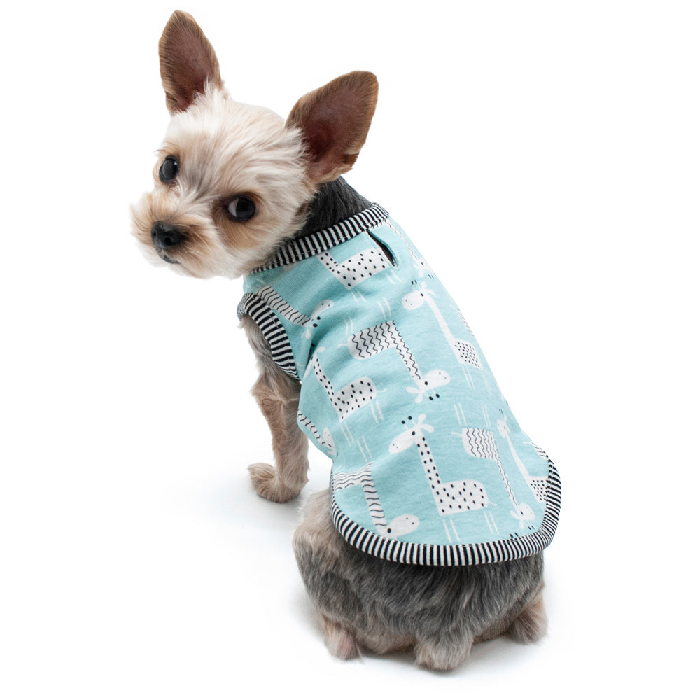 Teal dog tank shirt with giraffe pattern, striped edges, and sleeveless fit.