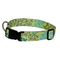 Green dog collar with blue flower field pattern and black plastic buckle