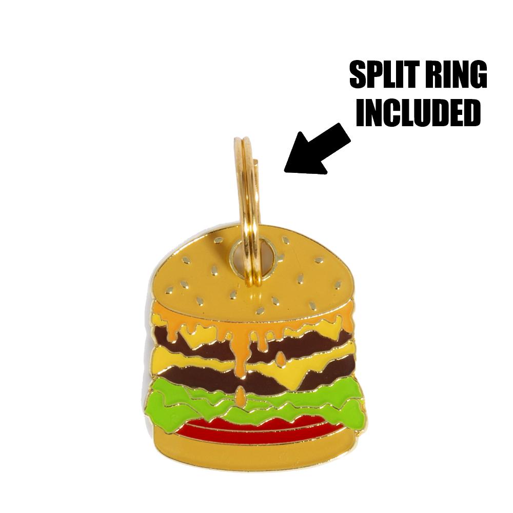 Cheeseburger-shaped dog tag with gold split ring, layered cheese and lettuce details