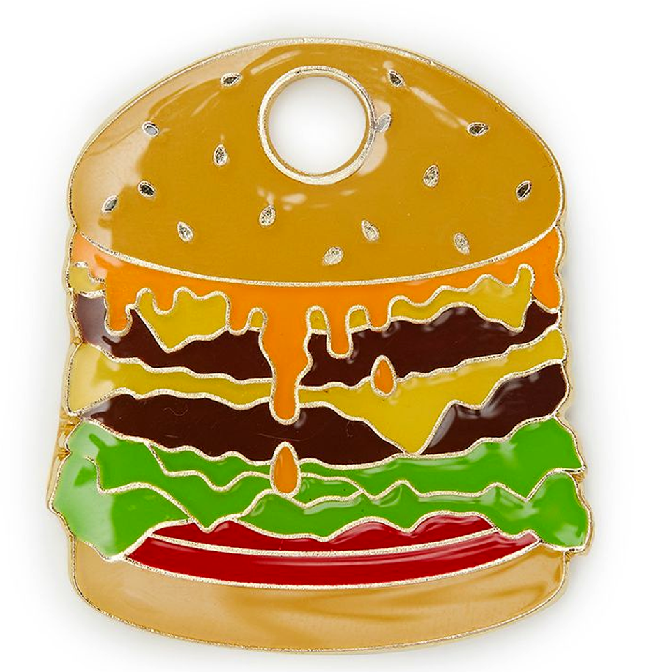 Cheeseburger-shaped dog tag with yellow bun, cheese layers, and hanging hole
