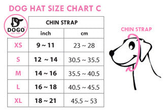 Dog hat size chart C with chin strap inches and cm for XS to XL