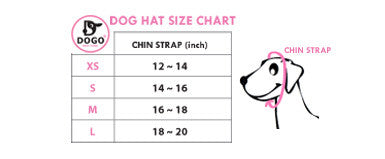 Dog hat size chart showing chin strap measurements X5 to L in inches