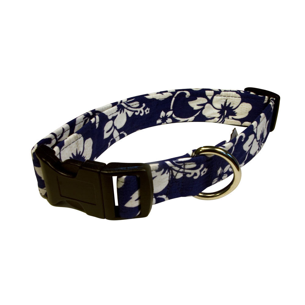 Navy floral dog collar with gold D-ring and woven strap, side view