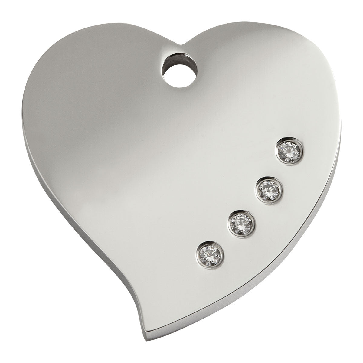 Heart-shaped stainless steel dog tag with four round crystal accents and top hole