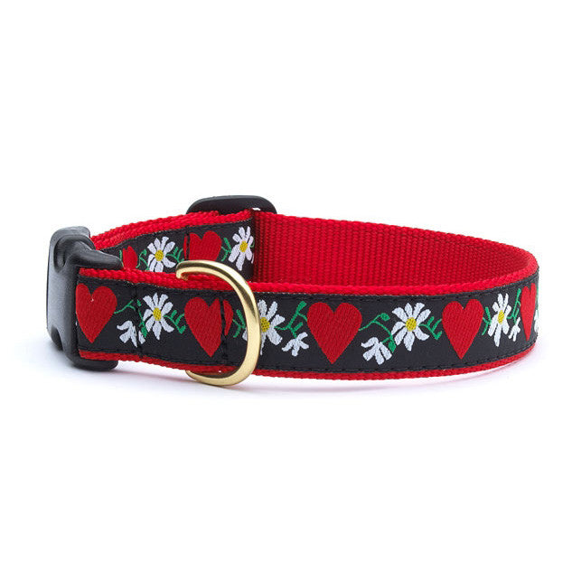 Red dog collar with black hearts and white daisy floral print; gray buckle