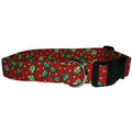 Red dog collar with green holly and dot pattern, black buckle and metal D-ring