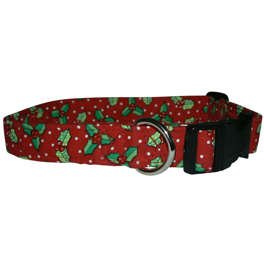 Red dog collar with green holly and dot pattern, black buckle and metal D-ring