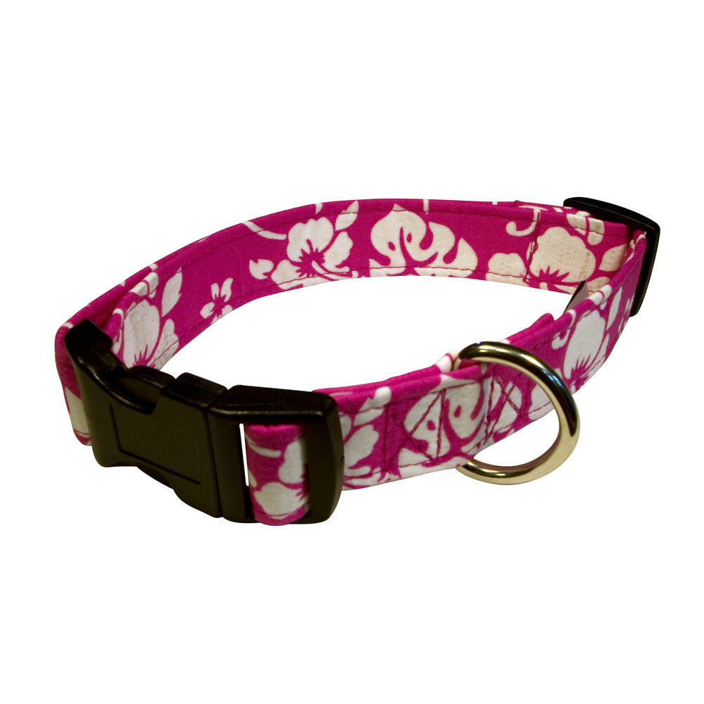Hot pink dog collar with floral pattern, black buckle and metal D-ring