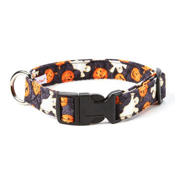 Halloween dog collar, black with orange jack-o-lantern and white ghost print, metal ring