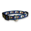 Blue dog collar with jolly snowman print, metal buckle and D-ring