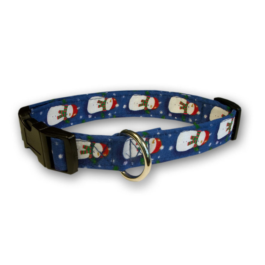 Blue dog collar with jolly snowman print, metal buckle and D-ring