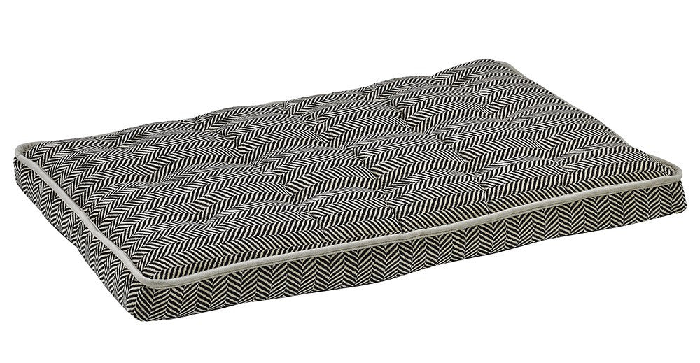 Herringbone luxury crate mattress with dark chevron pattern, flat top and stitched edges