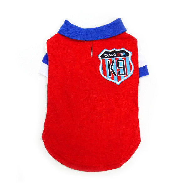 Red dog polo shirt with blue knit collar, K9 USA shield patch