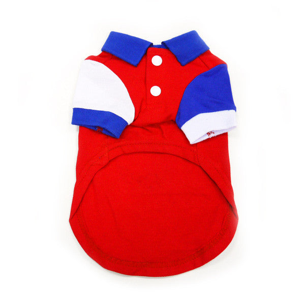 Red dog polo shirt with blue collar and sleeve panels, button detail