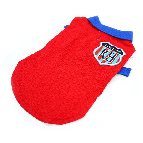 Red dog polo shirt, blue collar and cuff stripes, K9 USA shield patch