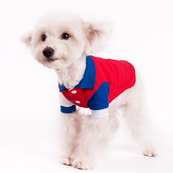 Red and blue dog polo shirt with button placket and K9 USA chest patch