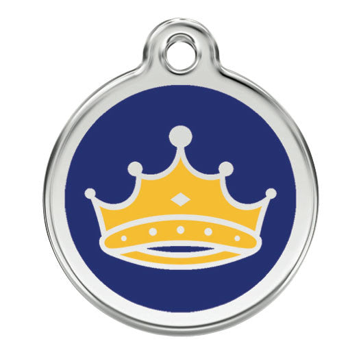Stainless steel dog ID tag with blue enamel crown design