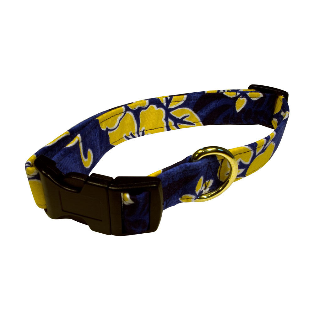 Dog collar with navy blue and yellow floral fabric, black buckle and D-ring
