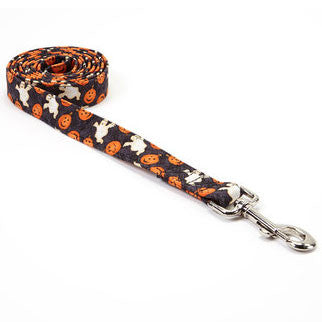Halloween dog leash strap, black with orange jack-o-lantern and white ghost print, metal clips