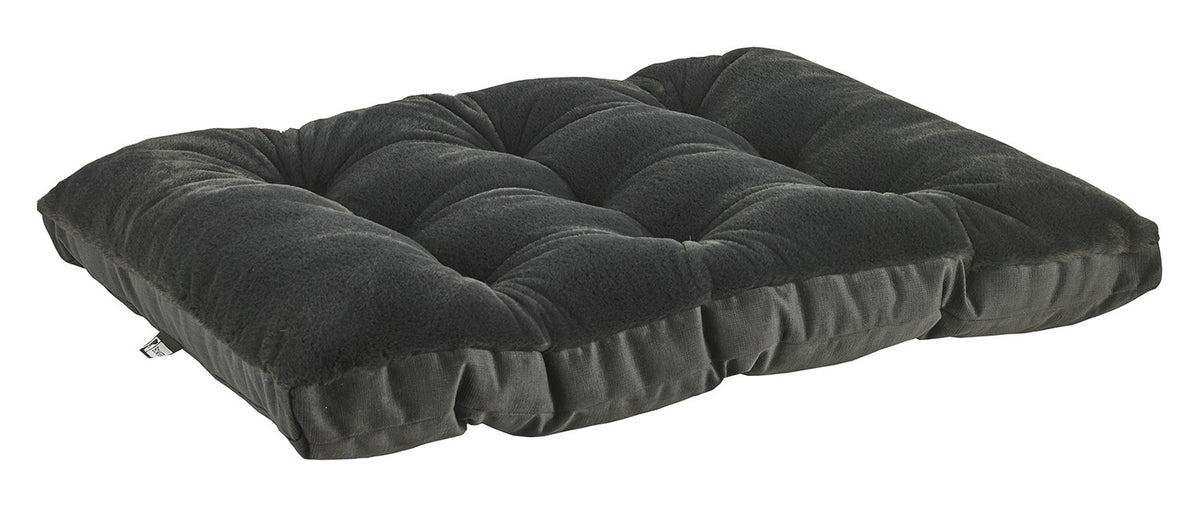 Gray cushioned dog futon bed with quilted top and folded side edges