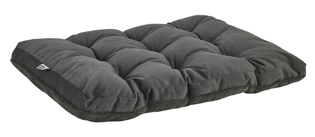 Dark gray quilted dog futon bed with logo patch on side cushion