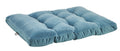Futon-style dog bed in blue with quilted tufted top and cushioned bolsters