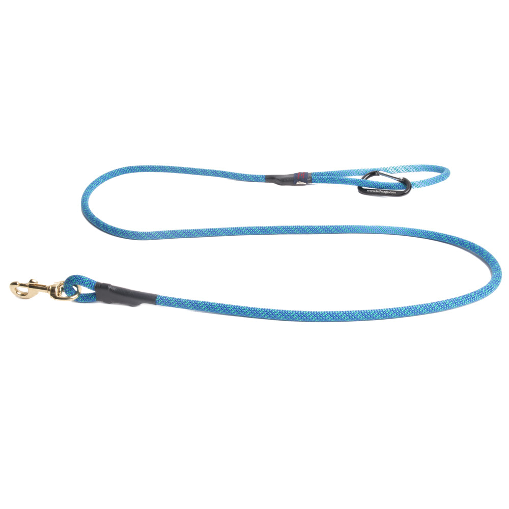 Blue braided rope dog leash with black strap sections and brass clasp