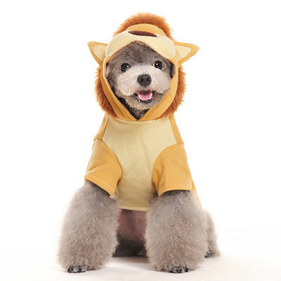 Lion-themed dog Halloween costume with yellow tunic and plush brown mane hood