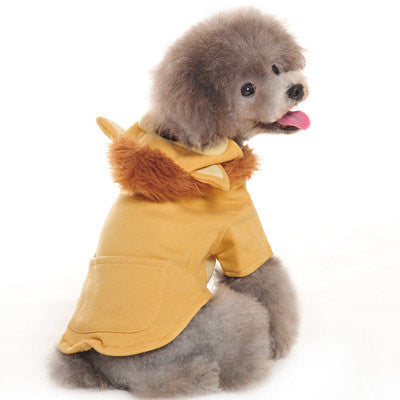 Yellow lion dog costume with plush brown mane collar and hood, side view