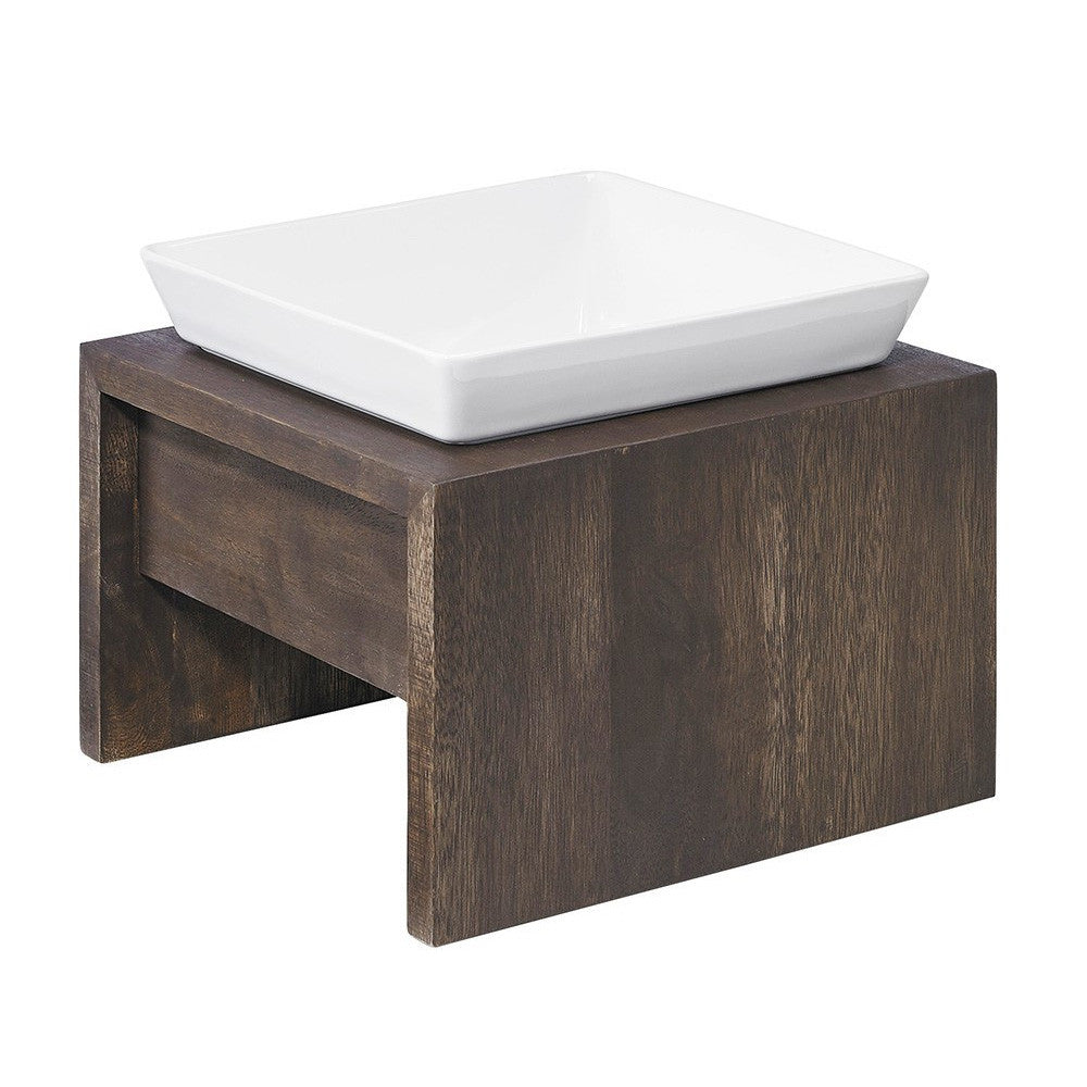 Walnut-toned wooden single dog feeder with white rectangular bowl, raised platform