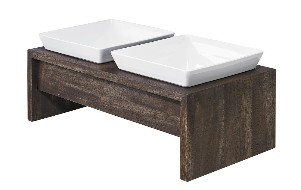 Walnut-finish double dog feeder with two white ceramic bowls atop rectangular wood base