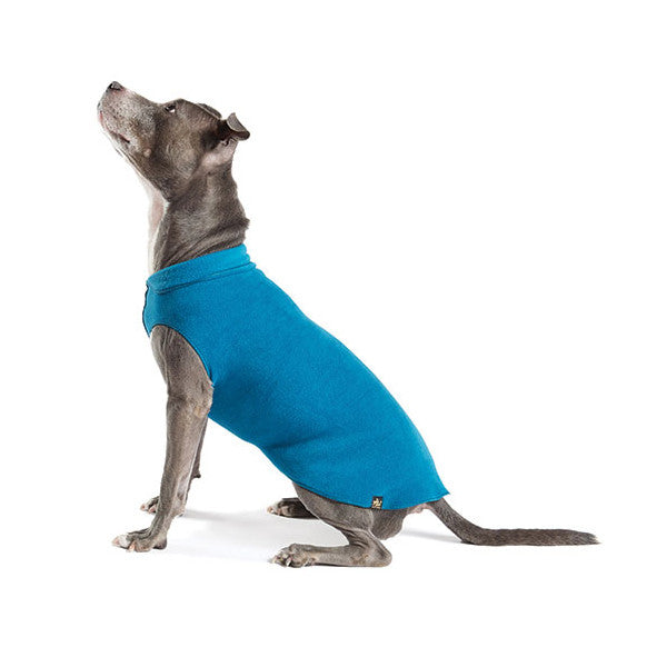 Blue stretch fleece dog coat with leg openings for easy movement