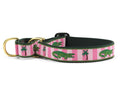 Martingale dog collar with alligator print, pink-and-green webbing, brass ring and buckle.
