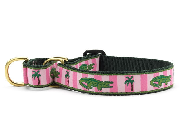 Martingale dog collar with alligator print, pink-and-green webbing, brass ring and buckle.