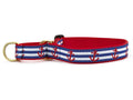 Red and blue anchor-print martingale dog collar with brass buckle