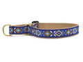 Blue aztec-pattern martingale dog collar with tan strap and brass buckle ring