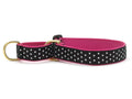 Martingale dog collar with pink webbing and black fabric with white dots, brass ring hardware