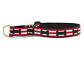 Adjustable martingale dog collar with black bone print and red-and-white stripes