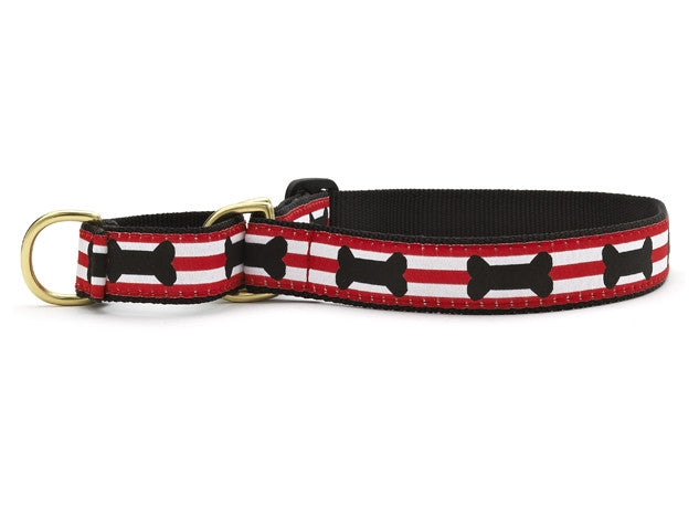 Adjustable martingale dog collar with black bone print and red-and-white stripes