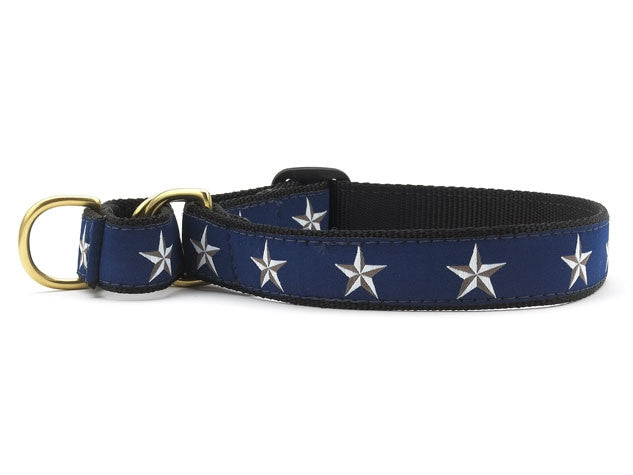 Blue dog collar with white star pattern and brass buckle, black loop strap
