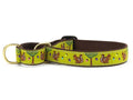 Up Country Nuts martingale dog collar, lime green with multicolor dog prints and brass ring